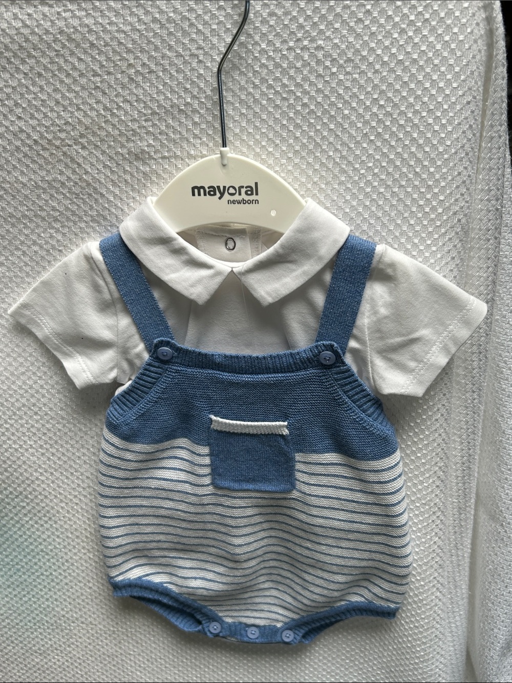 Mayoral Blue & White Cotton Knit Suspender Romper Set w white collared polo. NWT